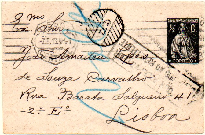 0561.jpg -     Lote:    561            Portugal       Descrição:         1912 &mdash; Sobrescritos particulares. OM5, &frac12; c preto sobre papel branco, circulado em Lisboa (07.05.13) e devolvido ao remetente. MB e MR.        IC       Valor Base:     &euro; 100,00     Valor Venda:     &euro; 220,00     
