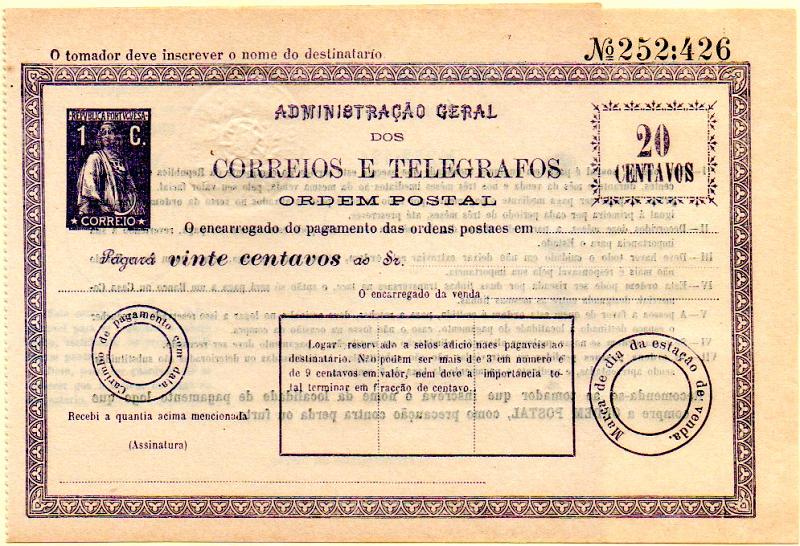 0563.jpg -     Lote:    563            Portugal       Descrição:         1912 (Novembro 16) &mdash; Impressos Selados (Ordens Postais). Selo tipo Ceres. Ordem postal de 20C com selo impresso de 1C ardósia. MR.        OPN       Valor Base:     &euro; 100,00     Valor Venda:     &euro; 180,00     