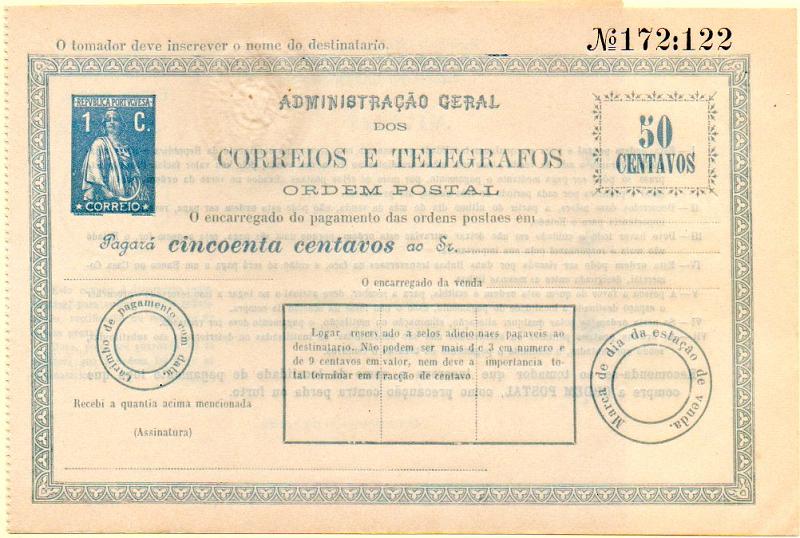 0564.jpg -     Lote:    564            Portugal       Descrição:         1912 (Novembro 16) &mdash; Impressos Selados (Ordens Postais). Selo tipo Ceres. Ordem postal de 50C com selo impresso de 1C azul-violeta. MR.        OPN       Valor Base:     &euro; 100,00     Valor Venda:     &euro; 130,00     
