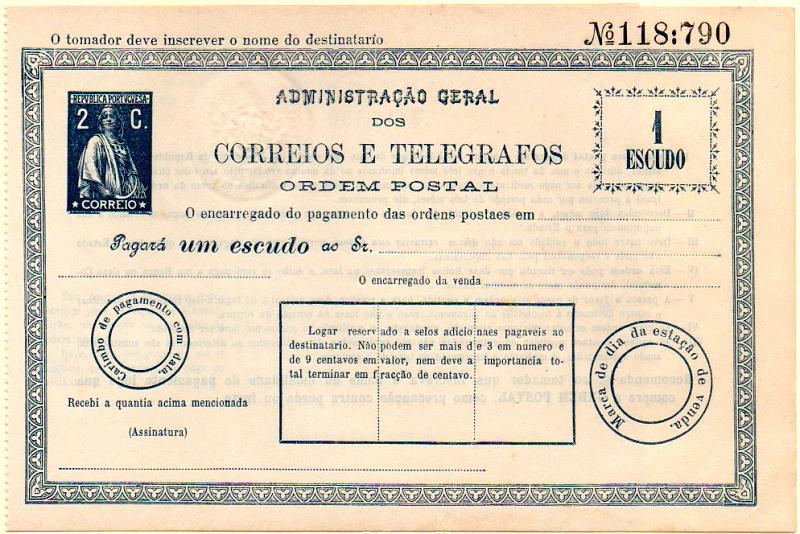0565.jpg -     Lote:    565            Portugal       Descrição:         1912 (Novembro 16) &mdash; Impressos Selados (Ordens Postais). Selo tipo Ceres. Ordem postal de 1E com selo impresso de 2C azul-escuro. MR.        OPN       Valor Base:     &euro; 100,00     Valor Venda:     &euro; 170,00     