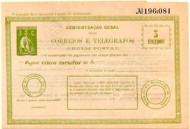 0567.jpg -     Lote:    567            Portugal       Descrição:         1912 (Novembro 16) &mdash; Impressos Selados (Ordens Postais). Selo tipo Ceres. Ordem postal de 5E com selo impresso de 3C verde. MR.        OPN       Valor Base:     &euro; 100,00     Valor Venda:     &euro; 220,00     
