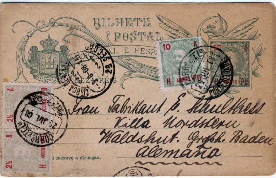 0569.jpg -     Lote:    569            Açores       Descrição:         1906 &mdash; D. Carlos I. OM22, 10 reis verde sobre cartolina camurça, circulado de Ponta Delgada (26.07.08) para a Alemanha, com selos adicionais de 2x2 &frac12; reis e 10 reis D. Carlos I, CE96 e 98. MB.        IC       Valor Base:     &euro; 12,00     Valor Venda:     &euro; 12,00     