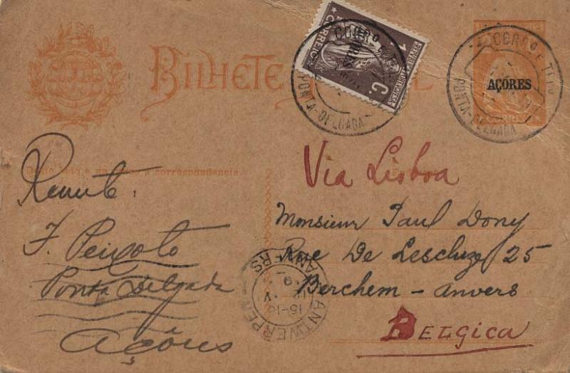 0570.jpg -     Lote:    570            Açores       Descrição:         1918/20 &mdash; Ceres. Bilhetes-postais do Continente com sobrecarga AÇORES. OM42, 2C ocre, circulado de Ponta Delgada (01.05.19) para a Bélgica (12.05.19), com selo adicional de 1C castanho CE164, tipo Ceres do Continente com sobrecarga AÇORES. B e R.        IC       Valor Base:     &euro; 15,00     Valor Venda:     &euro; 15,00     