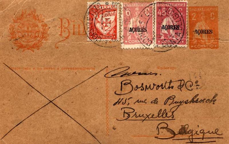 0571.jpg -     Lote:    571            Açores       Descrição:         1918/20 &mdash; Ceres do Continente com sobrecarga "Açores". Aumento de Porte. OM42, 2C ocre. Inteiro circulado de Ponta Delgada (11.06.34) para a Bélgica (20.06.34) com selos adicionais tipo Ceres de 6C e 48 C CE177 e 206 + selo dos Lusíadas do Continente de 40C = porte de 96C. Inteiro com dobra.        IC       Valor Base:     &euro; 15,00     Valor Venda:     &euro; 28,00     