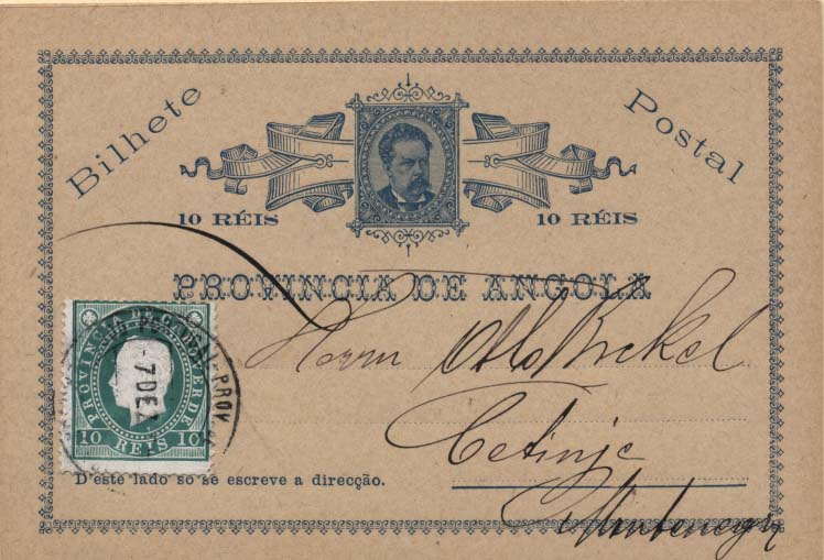0573.jpg -     Lote:    573            Angola       Descrição:         1885 &mdash; D. Luís I. OM1, 10 reis azul em cartolina camurça, circulado com selo adicional de 10 reis da emissão de D. Luís I de Cabo Verde (selo de recurso), de Moçamedes (07.12.95) para a Alemanha. MB e R.        IC       Valor Base:     &euro; 50,00     Valor Venda:     &euro; 50,00     