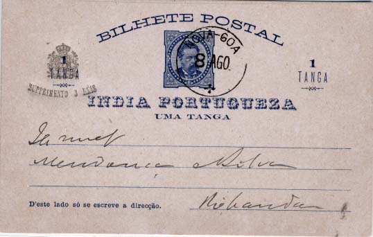 0575.jpg -     Lote:    575            Índia       Descrição:         1892 &mdash; D. Luís I tipo Diogo Neto, com sobretaxa. OM6, 1Tanga + 3 reis azul. Circulado em Nova Goa (08.08.??).        IC       Valor Base:     &euro; 10,00     Valor Venda:     &euro; 10,00     
