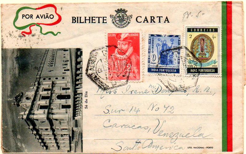 0576.jpg -     Lote:    576            Índia       Descrição:         1946 &mdash; Sem selo. Motivos locais (Sé de Diu). OM I em verde-negro. Circulado com selos de 2 &frac12; Tgs CE387, 9 Tgs CE422 e 2 Tgs CE427, de Mapuça (10.05.54) para Caracas (22.05.54).        IC       Valor Base:     &euro; 15,00     Valor Venda:     &euro; 48,00     