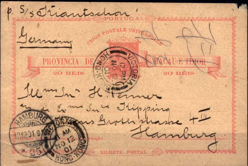 0577.jpg -     Lote:    577            Macau       Descrição:         1886 &mdash; Macau e Timor * D. Luís I. OM2, 20 reis rosa sobre cartolina camurça, circulado de Macau para a Alemanha (12.12.1901) lançado a bordo (12.11.1901) de um vapor que fazia carreira regular entre Macau e Hong Kong. Encaminhado depois para o seu destino pelo navio alemão "SS KIAUTSCHOU".        IC       Valor Base:     &euro; 150,00     Valor Venda:     &euro; 220,00     