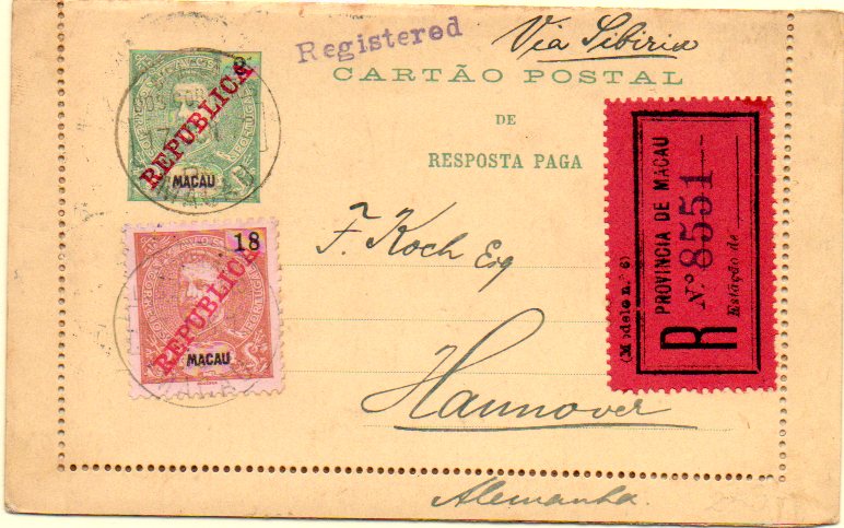 0579.jpg -     Lote:    579            Macau       Descrição:         1912 &mdash; D. Carlos I, com sobrecarga REPUBLICA. Cartões-Postais. OM13, 2+2 verde sobre cartolina amarela, circulado registado de Macau (17.06.12) para a Alemanha (07.07.12) com selos adicionais de 18 avos CE160. B e R.        IC       Valor Base:     &euro; 75,00     Valor Venda:     &euro; 75,00     