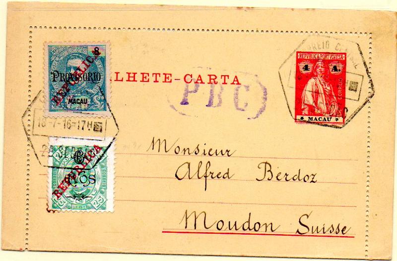 0580.jpg -     Lote:    580            Macau       Descrição:         1916 &mdash; Ceres. Cartões-Postais. OM24, 4 avos carmim, circulado de Macau (18.07.16) para a Suíça com selos adicionais de 8 avos CE240 e 6 avos s/ 25 reis CE230.        IC       Valor Base:     &euro; 50,00     Valor Venda:     &euro; 70,00     