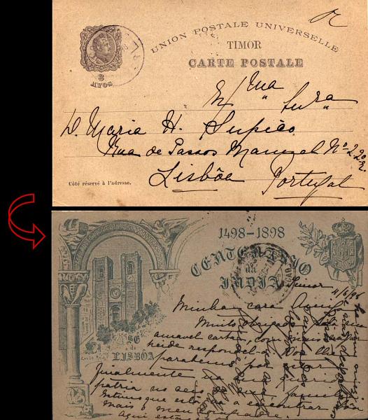0584.jpg -     Lote:    584            Timor       Descrição:         1898 &mdash; 4.º Centenário do Descobrimento do Caminho Marítimo para a Índia. OM2C (Sé de Lisboa), 3 avos  violeta circulado de Dili (04.06.98) para Lisboa (20.07.98). MR.        IC       Valor Base:     &euro; 200,00     Valor Venda:     &euro; 200,00     