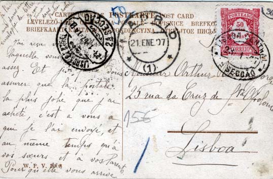 0586.jpg -     Lote:    586            Portugal       Descrição:         Porteado. 1904 &mdash; Emissão Regular. Valor em reis. Postal ilustrado circulado de Madrid (21.01.07) para Lisboa (23.01.07) sem franquia. Porteado com o dobro do porte em falta com selo de 50 reis vermelho, CE POR12.        PI       Valor Base:     &euro; 8,00     Valor Venda:     &euro; 8,00     