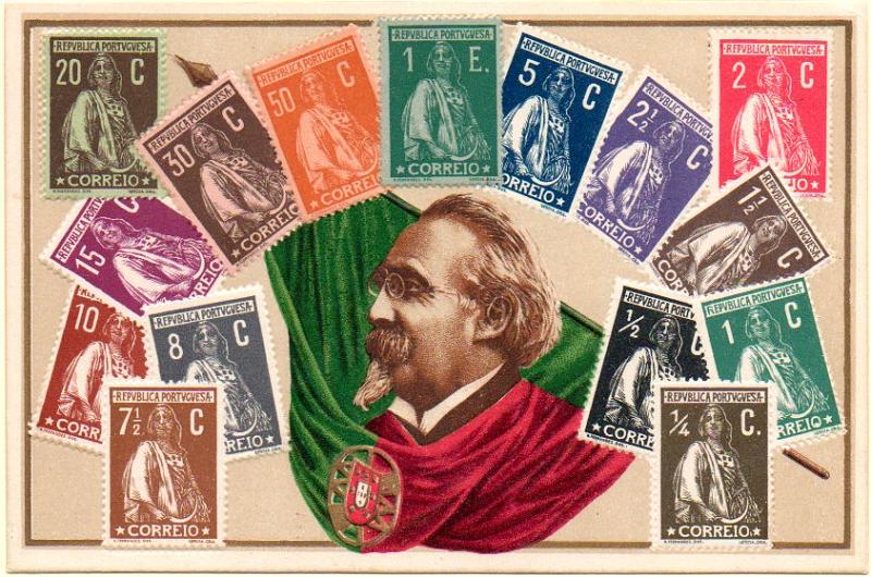 0639.jpg -     Lote:    639                   Descrição:         Temáticos * Filatelia + Implantação da República. Postal ilustrado com reprodução em relevo dos selos da 1.ª emissão de Ceres com busto de Manuel de Arriaga &mdash; 1.º Presidente da República. MBC        PI       Valor Base:     &euro; 15,00     Valor Venda:     Retirado     