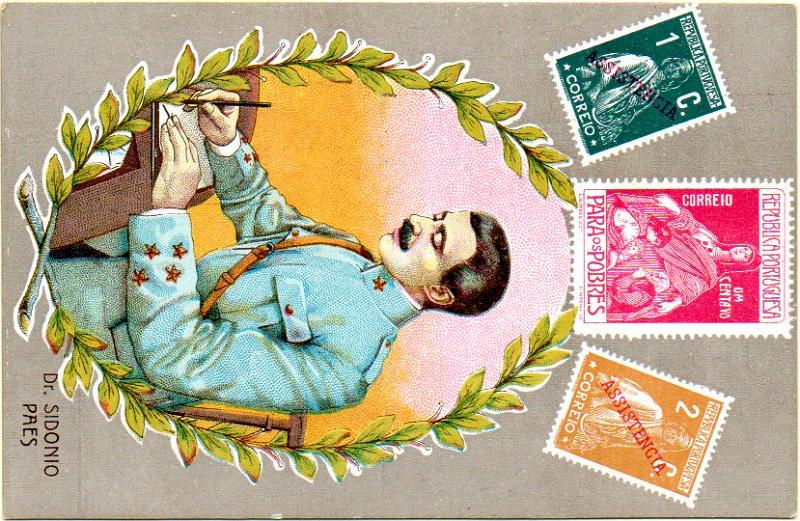 0641.jpg -     Lote:    641                   Descrição:         Temáticos * Filatelia + Implantação da República. Postal ilustrado com reprodução de selos do imposto postal + imagem de Sidónio Pães.        PI       Valor Base:     &euro; 15,00     Valor Venda:     Retirado     