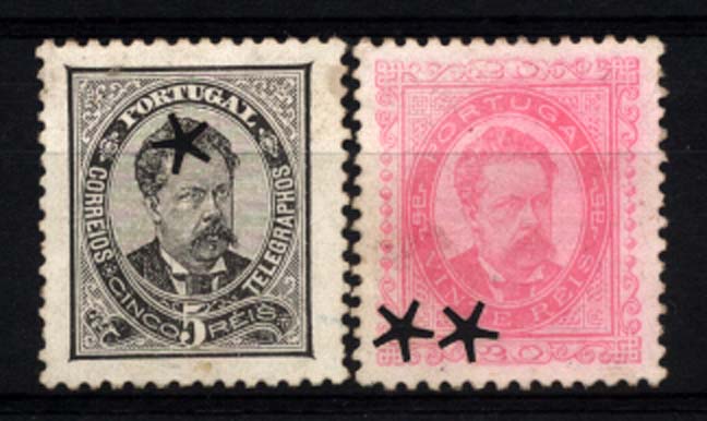 0647.jpg -     Lote:    647                   Descrição:         Perfurações da telegrafia eléctrica. 1884/87 &mdash; D. Luís I. De frente. Novos valores. CE60/61. Lote de dois selos perfurados com estrelas de 5 pontas.        *       Valor Base:     &euro; 15,00     Valor Venda:     &euro; 22,00     