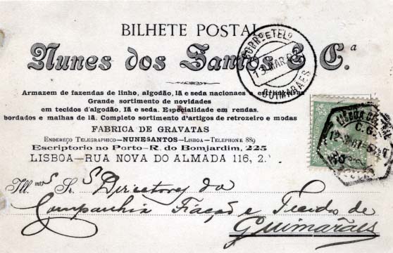 0648.jpg -     Lote:    648                   Descrição:         Perfurados. 1895/96 &mdash; D. Carlos I tipo Mouchon. CE128, 10 reis verde. Selo em postal ilustrado circulado de Lisboa (12.03.07) para Guimarães (13.03.07). Selos com perfuração de segurança "N S & C" licenciado pela Nunes dos Santos & C.ª. Perfuração muito rara.        PI       Valor Base:     &euro; 40,00     Valor Venda:     &euro; 320,00     