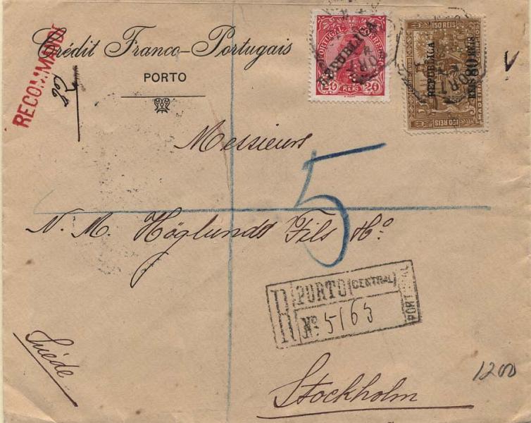 0649.jpg -     Lote:    649                   Descrição:         Perfurados. 1911 &mdash; D. Manuel II com sobrecarga República + Centenário da Índia com sobrecarga República, e sobretaxa sobre selos da Madeira. Sobrescrito circulado registado do Porto (15.03.12) para a Suécia (19.03.12) com selo de 20 reis carmim CE174 e 80 s/ 150 reis bistre CE203. Selos perfurados com CFP.        Carta       Valor Base:     &euro; 30,00     Valor Venda:     &euro; 110,00     