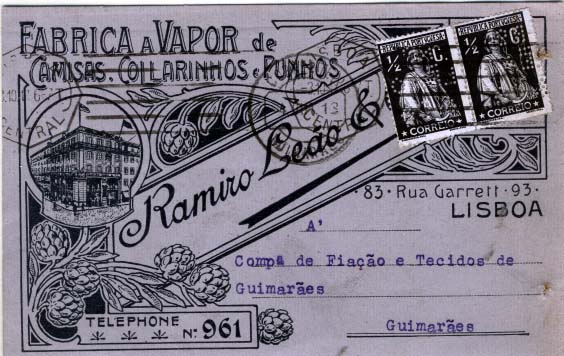 0650.jpg -     Lote:    650                   Descrição:         Perfurados. 1912 &mdash; Ceres. CE207, &frac12; c preto, denteado 15x14. Par em postal ilustrado circulado de Lisboa (03.10.13) para Guimarães (04.10.13). Selos com perfuração de segurança "Rº LEAO & Cª" licenciado por Ramiro Leão & C.ª. Furos de espigão afectando um selo, porém perfuração muito rara.        PI       Valor Base:     &euro; 40,00     Valor Venda:     &euro; 320,00     