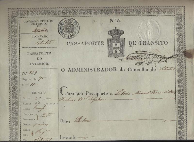 0655.jpg -     Lote:    655            Fiscais       Descrição:         Fiscais. Passaporte "de Trânsito" passado pelo Administrador do Concelho de Setúbal em Julho de 1850, em papel impresso com STO circular, preto e azul, "Crédito Público" de 40 reis.        DOC       Valor Base:     &euro; 25,00     Valor Venda:     &euro; 26,00     