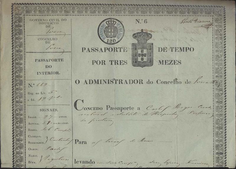 0656.jpg -     Lote:    656            Fiscais       Descrição:         Fiscais. Passaporte "de Tempo" por "Trêz Meses" passado pelo Administrador do Conselho de Évora em Junho de 1855, em papel impresso com STO circular preto e azul, "Thesouro Público" de 120 reis.        DOC       Valor Base:     &euro; 30,00     Valor Venda:     &euro; 32,00     