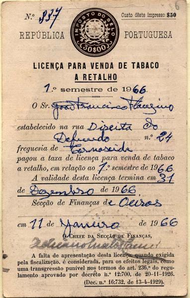 0659.jpg -     Lote:    659            Fiscais       Descrição:         Fiscais. Imposto de Selo. Licença para venda de tabaco, com selo de Imposto do Selo impresso em relevo de 30$00 em castanho.        DOC       Valor Base:     &euro; 8,00     Valor Venda:     &euro; 18,00     