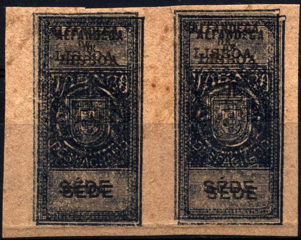 0660.jpg -     Lote:    660            Fiscais       Descrição:         Fiscais. 1912 - Tabaco Despachado (Alfândega de Lisboa). Par não denteado com dupla impressão das legendas, em papel pardo sem goma. Ligeiros pontos de óxido.        *       Valor Base:     &euro; 8,00     Valor Venda:     Retirado     