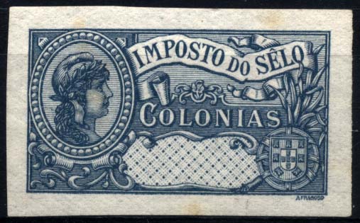 0662.jpg -     Lote:    662            Fiscais       Descrição:         Fiscais. 1917 &mdash; República. Colónias. Imposto de selo. Prova em papel liso, não denteada, na cor azul, sem impressão do valor. Cor não aprovada.        PRV       Valor Base:     &euro; 10,00     Valor Venda:     &euro; 55,00     