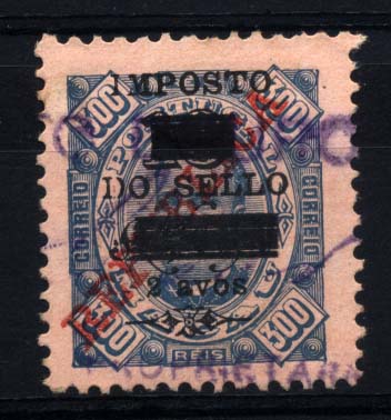 0670.jpg -     Lote:    670            Fiscais       Descrição:         Fiscais &mdash; 1920 - D. Carlos I, tipo Diogo Neto com sobretaxa e sobrecarga. Selo de 2 avos s/ 18 avos s/ 300 reis azul s/ salmão, denteado 11 &frac12;.        O       Valor Base:     &euro; 10,00     Valor Venda:     &euro; 20,00     