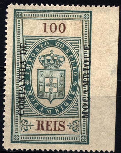 0676.jpg -     Lote:    676            Fiscais       Descrição:         Fiscais. Imposto de Selo. 1892 &mdash; Armas do Reino. Selo de Moçambique com sobrecarga Companhia de Moçambique. Estampilha de 100 reis verde, denteada, PB29. Falta de denteado no bordo direito. Não catalogada.        *       Valor Base:     &euro; 4,00     Valor Venda:     &euro; 6,00     