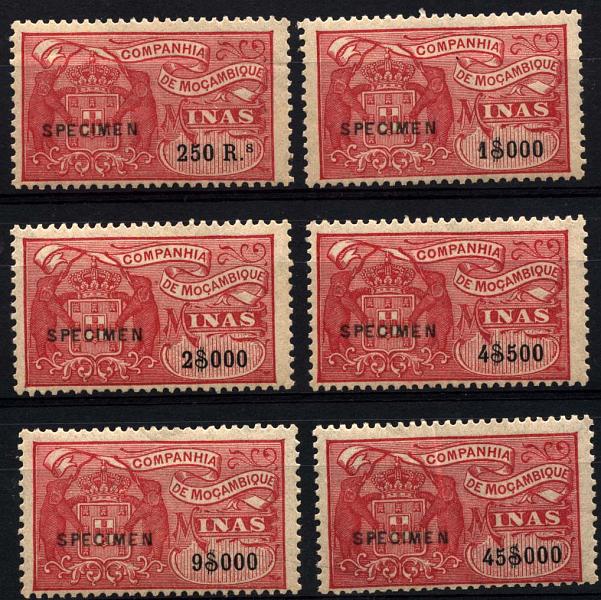 0678.jpg -     Lote:    678            Fiscais       Descrição:         Fiscais. Imposto de Minas. 1910 &mdash; Armas da Companhia de Moçambique. Lote composto por 6 estampilhas em carmim nas taxas de 250, 1$000, 2$000, 4$500, 9$000 e 45$000 reis, PB7, 9/11, 12/13. Todas com sobrecarga a preto "SPECIMEN". MB e MR.        **       Valor Base:     &euro; 50,00     Valor Venda:     &euro; 260,00     
