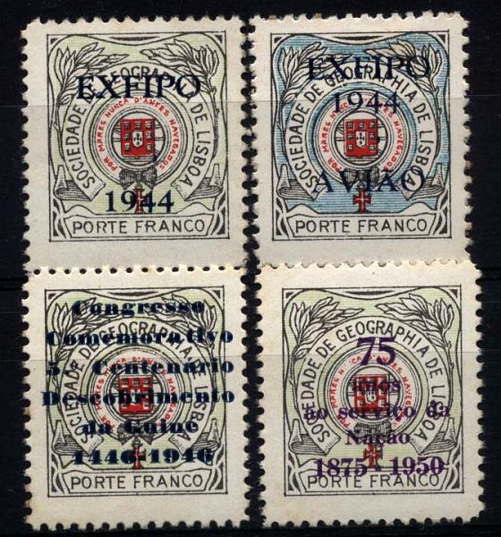 0681.jpg -     Lote:    681            Vinhetas       Descrição:         Vinhetas * Sociedade de Geografia de Lisboa. Lote de 4 vinhetas comemorativas da EXFIPO 1944, Centenário da Guiné e 75 anos da Sociedade de Geografia.        ***/**       Valor Base:     &euro; 10,00     Valor Venda:     &euro; 28,00     
