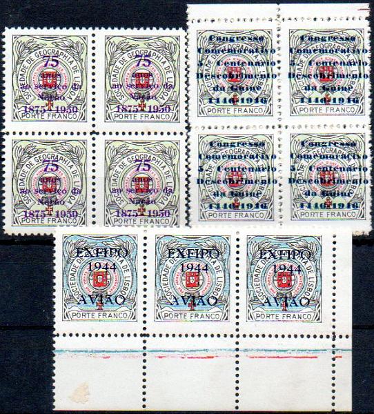 0682.jpg -     Lote:    682            Vinhetas       Descrição:         Vinhetas. 1944/50 &mdash; Sociedade de Geografia de Lisboa. Selos de porte franco sobrecarregados. Lote composto por : quadra com sobrecarga do 75.º Aniversário da Sociedade + quadra com sobrecarga comemorativa do Congresso do 5.º centenário da Descoberta da Guiné + tira de três com sobrecarga comemorativa da EXFIPO 1944.        ***       Valor Base:     &euro; 20,00     Valor Venda:     &euro; 24,00     
