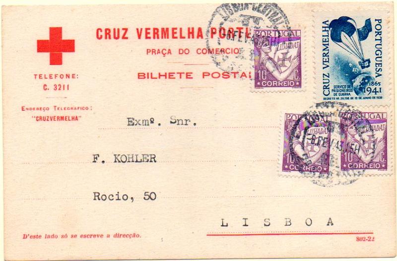 0684.jpg -     Lote:    684            Vinhetas       Descrição:         Vinhetas. Cruz Vermelha Portuguesa. Inteiro postal isento de franquia da CVP, utilizado como postal ilustrado, circulado em Lisboa (06.02.43) com 3 selos de 10c tipo Lusíadas + vinheta da Cruz Vermelha emitida em 1941, cor azul. MB.        PI       Valor Base:     &euro; 20,00     Valor Venda:     &euro; 50,00     