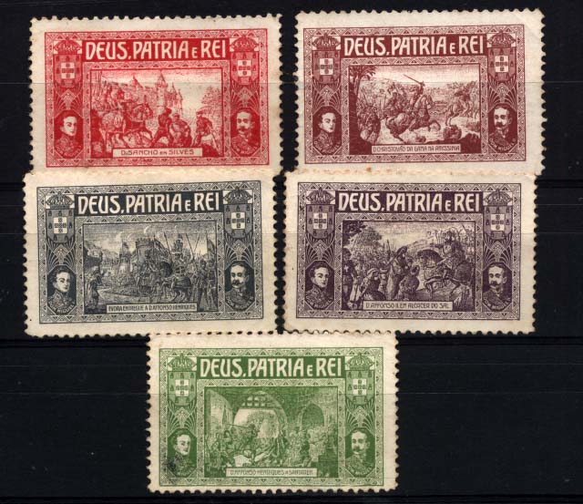 0686.jpg -     Lote:    686            Vinhetas       Descrição:         Vinhetas. Deus, Pátria e Rei. Lote de 5 vinhetas patrióticas em homenagem ao Rei D. Miguel I o "Absolutista" e de seu filho D. Miguel, intitulado pelo Regime Legitimista como D. Miguel II.        O       Valor Base:     &euro; 5,00     Valor Venda:     &euro; 6,00     