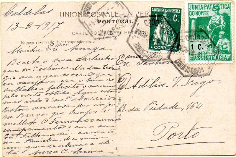 0689.jpg -     Lote:    689            Vinhetas       Descrição:         Vinhetas. Junta Patriótica do Norte. Postal ilustrado circulado de Caldelas (13.08.17) para o Porto (14.08.17) com selo tipo Ceres de 1c verde + vinheta de 1C verde da JPN. MB e R.        PI       Valor Base:     &euro; 15,00     Valor Venda:     &euro; 60,00     