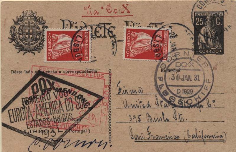 0696.jpg -     Lote:    696            Correio aéreo       Descrição:         1930 &mdash; 1.º Voo do DOX. Inteiro Postal tipo Ceres de 25C (porte territorial) circulado de Lisboa (28.01.31) para São Francisco / EUA com trânsito pelo Rio de Janeiro (22.06.31) com dois selos de 10$00 (sobretaxa aérea) tipo Ceres, emissão Londres CE416. Carimbos comemorativos romboidal e rectangular batidos respectivamente a preto e vermelho. Carimbo de bordo batido a preto.        IC       Valor Base:     &euro; 125,00     Valor Venda:     &euro; 260,00     