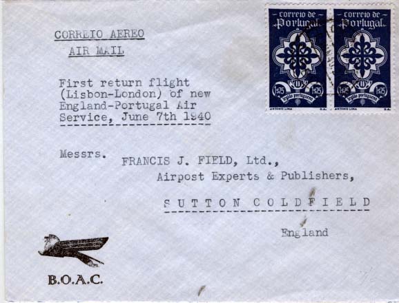 0697.jpg -     Lote:    697            Correio aéreo       Descrição:         1940/06/7 - Carta enviada de Portugal via BOAC no 1º voo de retorno em tempo de guerra do serviço inglês Lisboa &mdash; Heston.        Aéreo       Valor Base:     &euro; 45,00     Valor Venda:     &euro; 75,00     