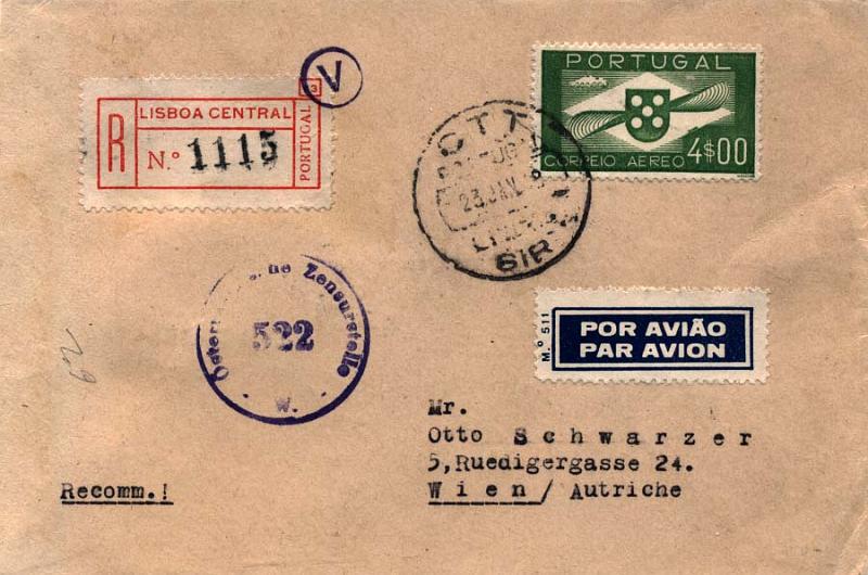 0698.jpg -     Lote:    698            Correio aéreo       Descrição:         1936/41 - Tipo Hélice. Sobrescrito circulado registado por via aérea de Lisboa * SIR (23.01.48) para Viena com selo de 4$00 verde amarelo CE CA5. Sobrescrito censurado.        Aéreo       Valor Base:     &euro; 25,00     Valor Venda:     &euro; 26,00     