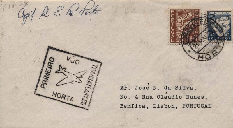 0700.jpg -     Lote:    700            Correio aéreo       Descrição:         1939 &mdash; FAM18. Autógrafos da tripulação. Sobrescrito circulado no 1.º voo da linha FAM18 da Horta (21.05.39) para Lisboa (21.05.39). Carimbo comemorativo do voo batido a preto. Raro autógrafo do piloto do avião Capt. A. E. La Porte.        Aéreo       Valor Base:     &euro; 20,00     Valor Venda:     Retirado     