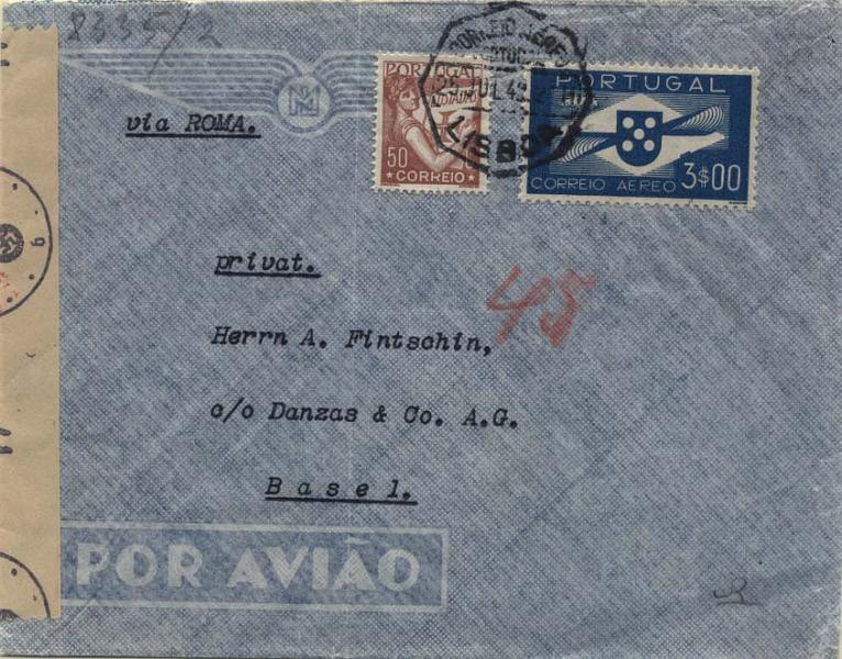 0701.jpg -     Lote:    701            Correio aéreo       Descrição:         1936/41 &mdash; Correio Aéreo. Tipo Hélice + Lusíadas. Sobrescrito circulado por via aérea de Lisboa (25.07.42) para a Suíça com selo de 3$00 CE CA4 e $50 CE522. Circulação pela Ala Littoria, via Roma.        Aéreo       Valor Base:     &euro; 20,00     Valor Venda:     &euro; 26,00     