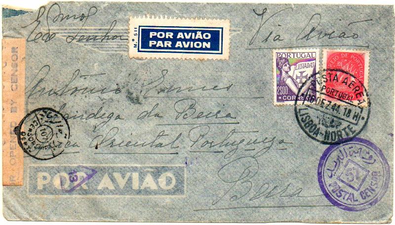 0705.jpg -     Lote:    705            Correio aéreo       Descrição:         1944 &mdash; Lisboa-Beira. Sobrescrito circulado de Lisboa (10.12.44) para a Beira (23.01.45) com trânsito por Cairo onde foi duplamente censurado (cinta e carimbo) e Moçambique (22.01.45), franquiado com selos de 2$00 Caravelas e 2$50 Caravelas.        Aéreo       Valor Base:     &euro; 30,00     Valor Venda:     &euro; 60,00     