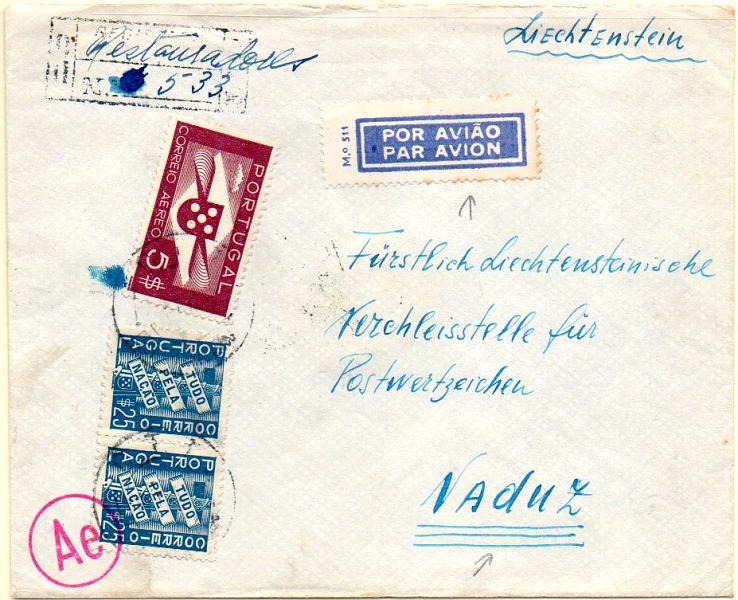 0706.jpg -     Lote:    706            Correio aéreo       Descrição:         1940 &mdash; Lisboa-Vaduz*Liechtenstein. Sobrescrito circulado por via aérea de Lisboa (02.09.40) para Vaduz com par de selos de $25 Tudo pela Nação CE570 + 5$00 Hélice CE CA6.        Aéreo       Valor Base:     &euro; 20,00     Valor Venda:     &euro; 24,00     