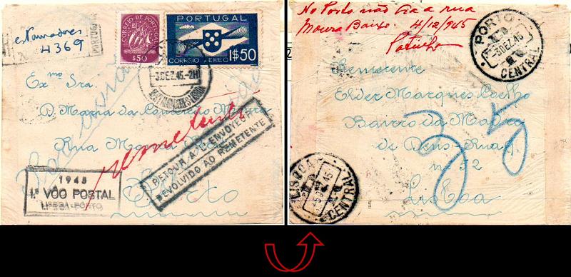 0709.jpg -     Lote:    709            Correio aéreo       Descrição:         1945 &mdash; 1.º Voo Lisboa-Porto. Sobrescrito circulado registado de Lisboa (03.12.45) para o Porto (03.12.45) com selo de $50 tipo Caravela e selo de 1$50 tipo Hélice CE CA5. Carimbo alusivo ao 1.º voo batido a preto. Devolvida ao remetente para Lisboa (05.12.45).        Aéreo       Valor Base:     &euro; 10,00     Valor Venda:     Retirado     