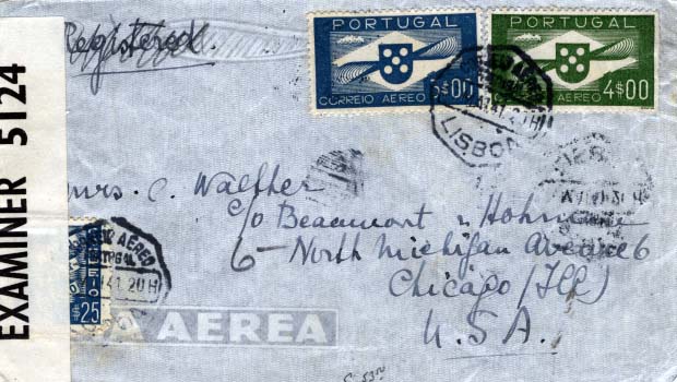 0712.jpg -     Lote:    712            Correio aéreo       Descrição:         1936/41 &mdash; Hélice. Sobrescrito circulado por via aérea de Lisboa (31.05.41) para os EUA com selos de 3$00 e 4$00, CE4/5. Censurado pelos ingleses. MB.        Aéreo       Valor Base:     &euro; 35,00     Valor Venda:     Retirado     