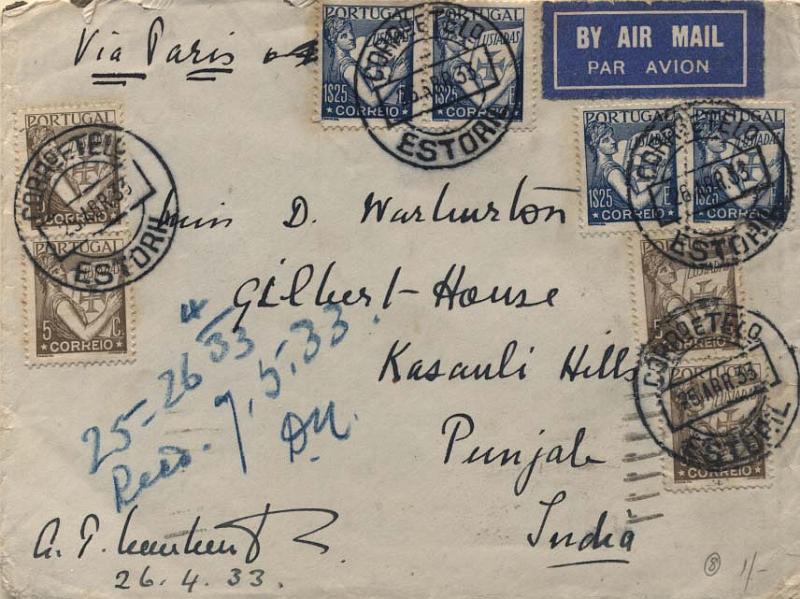 0714.jpg -     Lote:    714            Correio aéreo       Descrição:         1933 &mdash; Lisboa-Paris-Punjab (Índia). Sobrescrito circulado do Estoril (25.04.33) para Punjab * Índia, com trânsito por Marselha (29.04.33) e Kasauli (07.05.33). Trânsito Lisboa-Marselha pela SUD-EXPRESS e de Marselha para a Índia pela British Airways. Porte de 5$20. Nesta data não era conhecida tabelas de porte para o correio aéreo. Bom exemplar para estudo dos precursores do correio aéreo.        Aéreo       Valor Base:     &euro; 150,00     Valor Venda:     Retirado     