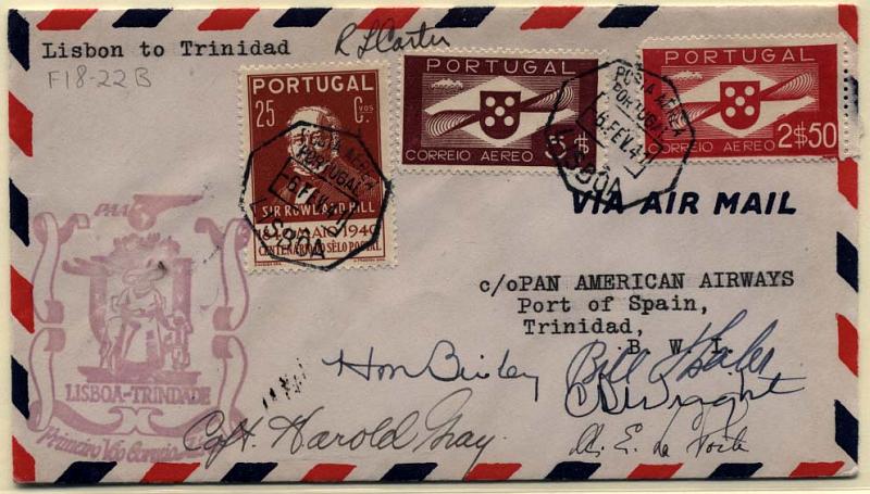 0715.jpg -     Lote:    715            Correio aéreo       Descrição:         1939 &mdash; FAM18. Autógrafos da tripulação. Sobrescrito circulado no 1.º voo da linha FAM18 de Lisboa (06.02.41) para Trinidad (08.02.1941). Carimbo comemorativo do voo batido a verde-azul. Sobrescrito com o autógrafo da tripulação. MB e MR.        Aéreo       Valor Base:     &euro; 20,00     Valor Venda:     Retirado     