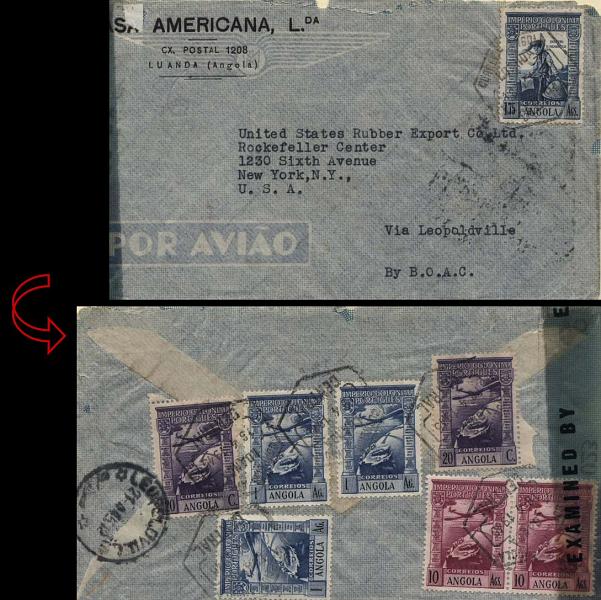 0719.jpg -     Lote:    719            Correio aéreo       Descrição:         1945 &mdash; Luanda-Leopoldville-USA pela BOAC. Sobrescrito circulado de Luanda (18.04.45) para Leopoldville (21.04.45) pela DTA e daqui para os EUA pela BOAC, com selos de 1$75 CE271 (1.º porte ordinário) + selos (Império Colonial Português) CE CA2 (2), 4 (3) e 9 (2) = 23$40 (2.º porte da sobretaxa aérea para os EUA * 5 a 10 gr peso).        Aéreo       Valor Base:     &euro; 25,00     Valor Venda:     &euro; 38,00     