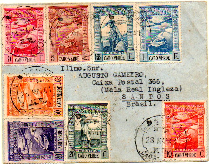 0724.jpg -     Lote:    724            Correio aéreo       Descrição:         1941 &mdash; Cabo Verde &mdash; Brasil pela LATI. Sobrescrito circulado por via aérea de S. Vicente (28.05.41) para Santos (18.06.41), com trânsito por S. Paulo (17.06.41) com selos do Império Colonial Português de 20c, 1$75 CE222 e 231 + selos Correio Aéreo de 20c, 50c, 1E, 5E e 9E, CE CA1, 2, 3, 4, 8, 9. Única carta conhecida circulada pela LATI de Cabo Verde no sentido Norte-Sul. MB e MR.        Aéreo       Valor Base:     &euro; 500,00     Valor Venda:     &euro; 800,00     