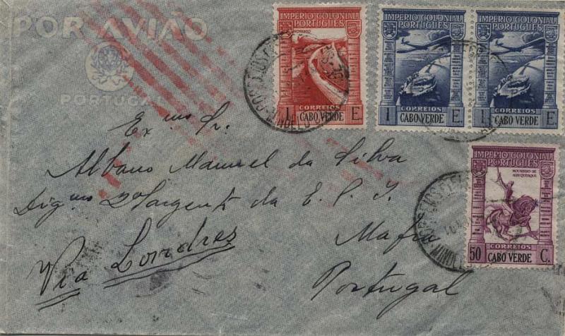 0725.jpg -     Lote:    725            Correio aéreo       Descrição:         1945 &mdash; Ligação Cavo Verde - Londres &mdash; Lisboa. Sobrescrito circulado do Mindelo (18.11.45) para Mafra (30.11.45) com trânsito por Londres e Lisboa (29.11.45) com selos de 5C tipo Ceres CE200 + selos de 20C, 50C,  1E tipo Império Colonial Português CE222, 226 e 230 + 2 selos de 1E Império Colonial do Correio Aéreo CE CA4. Marca de interrupção do serviço aéreo batida a vermelho.        Aéreo       Valor Base:     &euro; 30,00     Valor Venda:     &euro; 30,00     