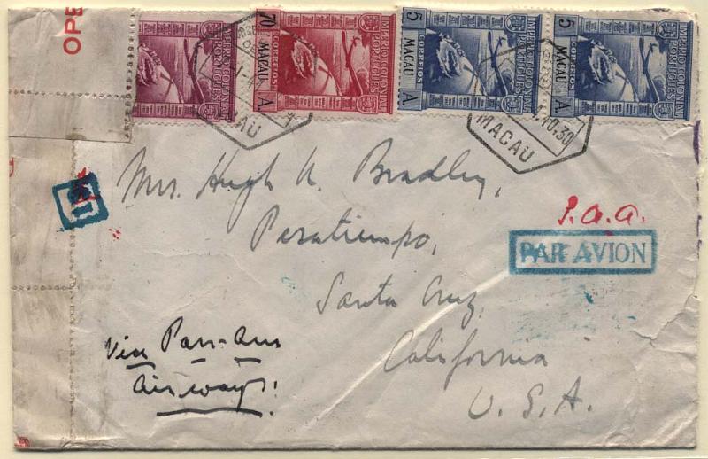 0727.jpg -     Lote:    727            Correio aéreo       Descrição:         1941 &mdash; Macau-Usa pela Pan-American Airways. 1938 &mdash; Império Colonial Português. Sobrescrito circulado de Macau (07.01.41) para os EUA com selos de 5 avos (2), 70 avos e 1 Pataca (3) (CE CA 10, 14 e 15). Porte correcto de 3,80 P (20 avos correio ordinário + 3,60P de sobretaxa aérea). Sobrescrito censurado em HONG-KONG, pouco usual.        Aéreo       Valor Base:     &euro; 130,00     Valor Venda:     &euro; 130,00     